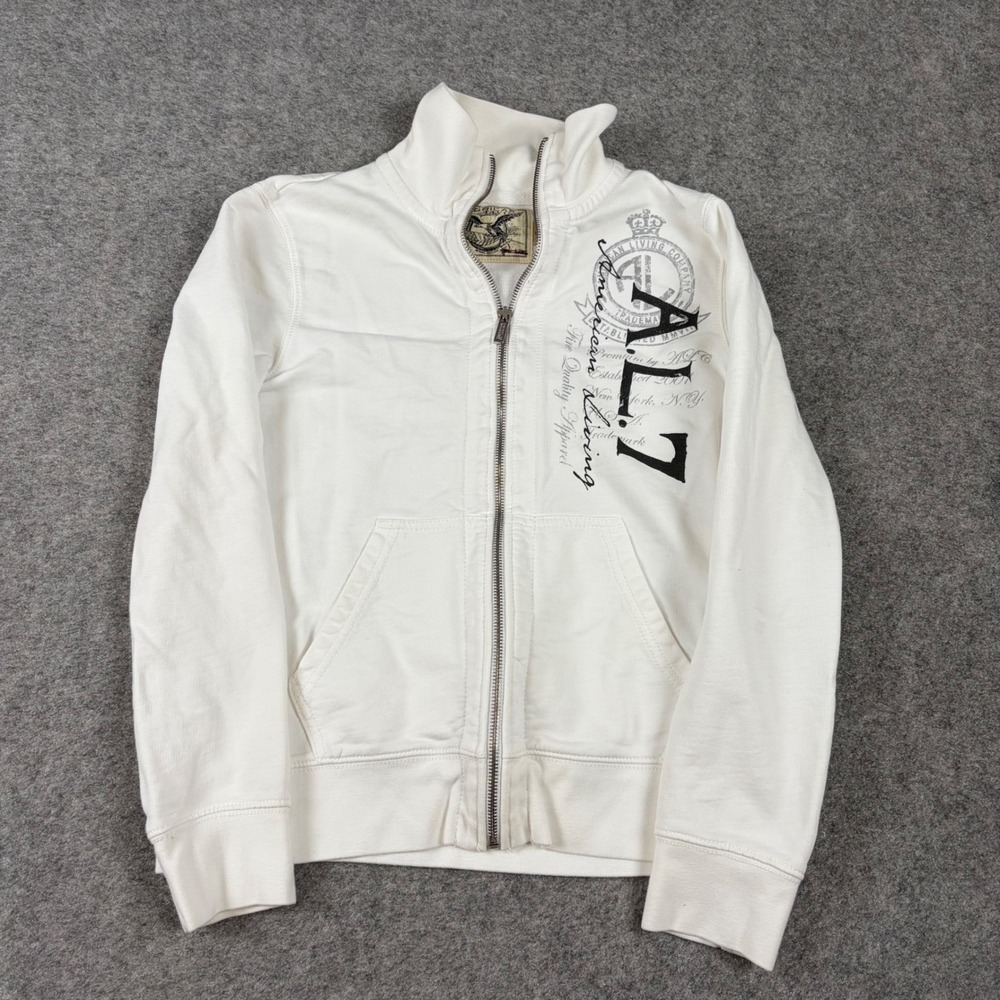 American Living Full Zip Sweatshirt Womens S White Grunge Skate Mock Neck Y2K
